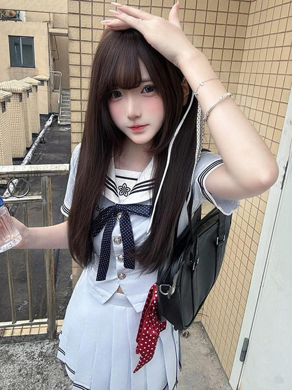Sweet Kawaii JK Navy Polka Bow Cinched Waist Sailor Lapel Short Women's Skirt Sets