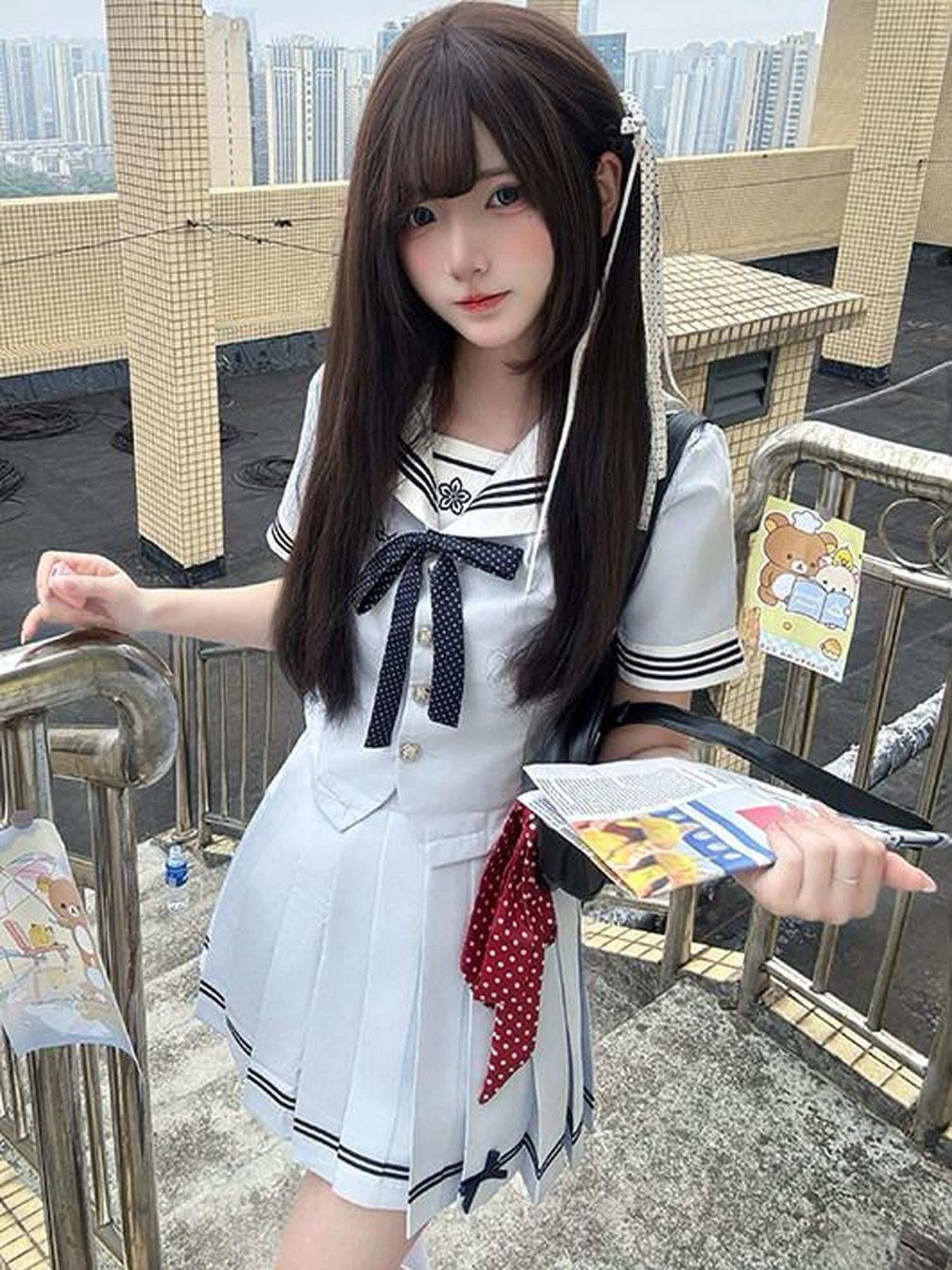 Sweet Kawaii JK Navy Polka Bow Cinched Waist Sailor Lapel Short Women's Skirt Sets