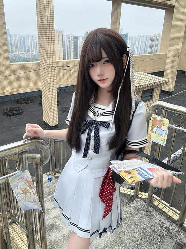 Sweet Kawaii JK Navy Polka Bow Cinched Waist Sailor Lapel Short Women's Skirt Sets