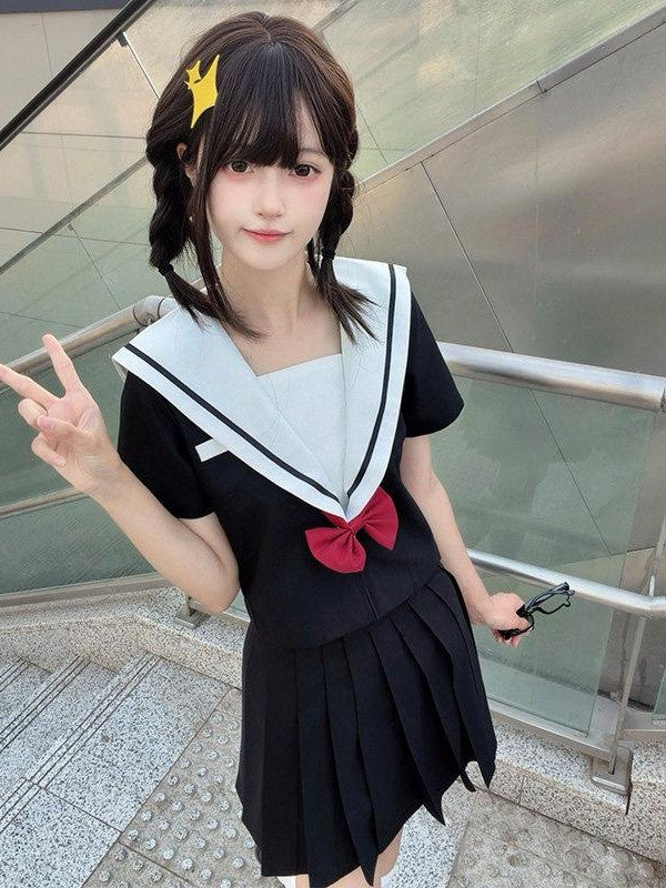 Sweet Kawaii JK Navy Sailor Collar Short Sleeve School Japanese Women's Polyester Skirt Sets