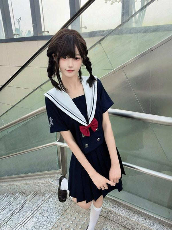 Sweet Kawaii JK Navy Sailor Collar Short Sleeve Schoolgirl Women's Polyester Skirt Sets