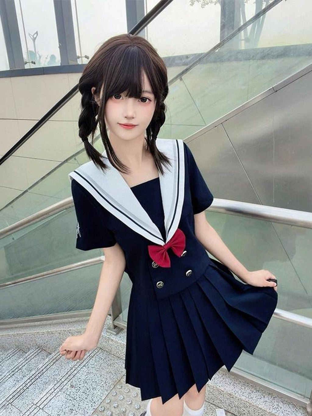 Sweet Kawaii JK Navy Sailor Collar Short Sleeve Schoolgirl Women's Polyester Skirt Sets