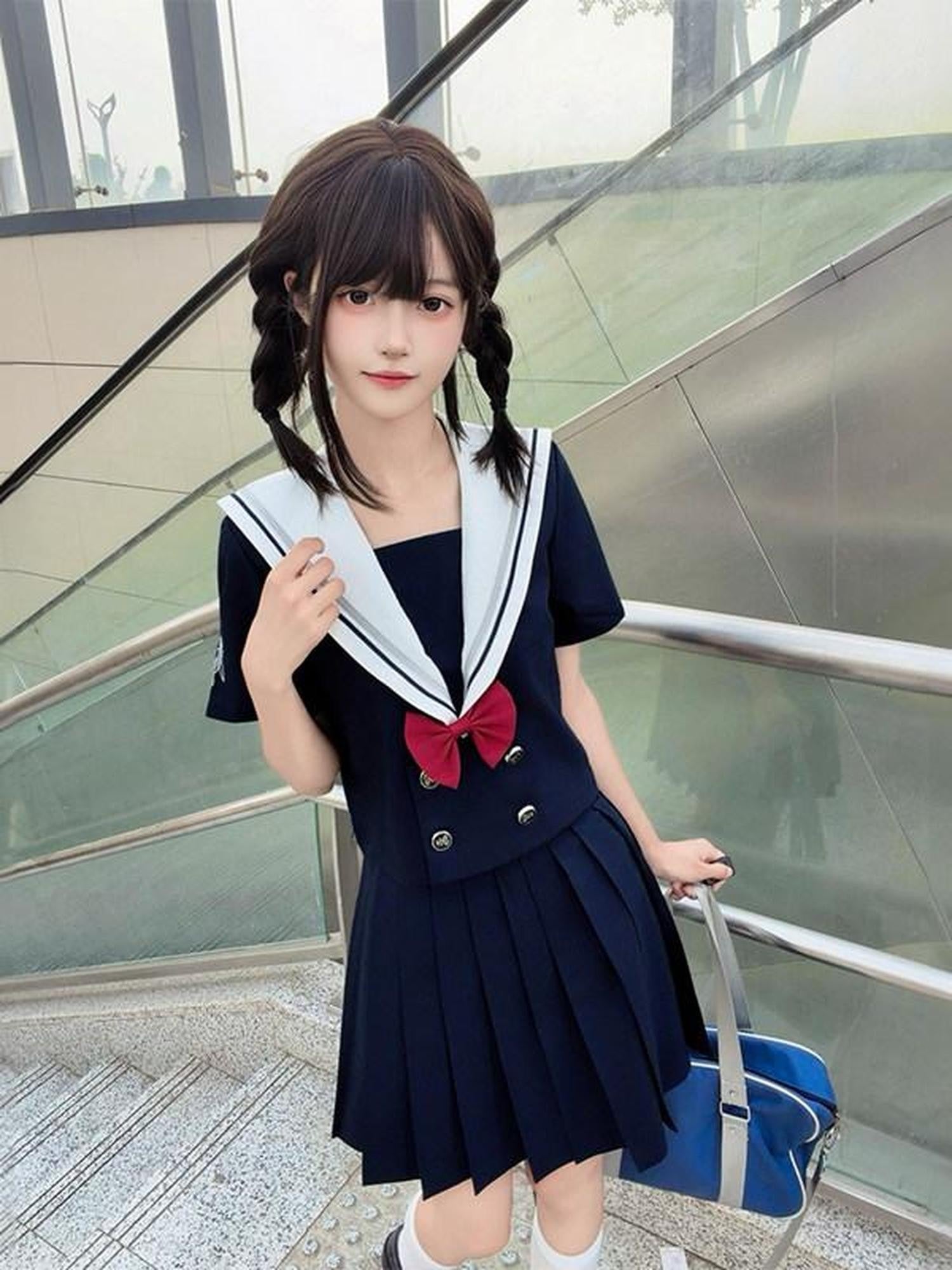 Sweet Kawaii JK Navy Sailor Collar Short Sleeve Schoolgirl Women's Polyester Skirt Sets