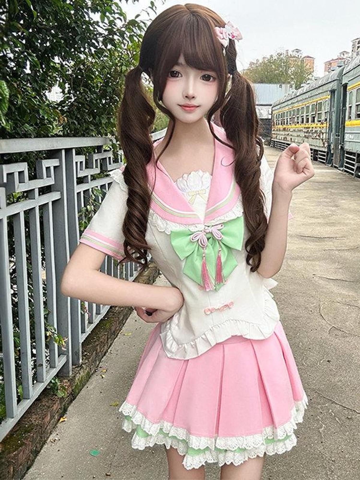 Sweet Kawaii JK Pink Chinese Jk Sailor Fitted Waist Women's Polyester Skirt Sets
