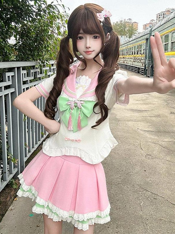 Sweet Kawaii JK Pink Chinese Jk Sailor Fitted Waist Women's Polyester Skirt Sets