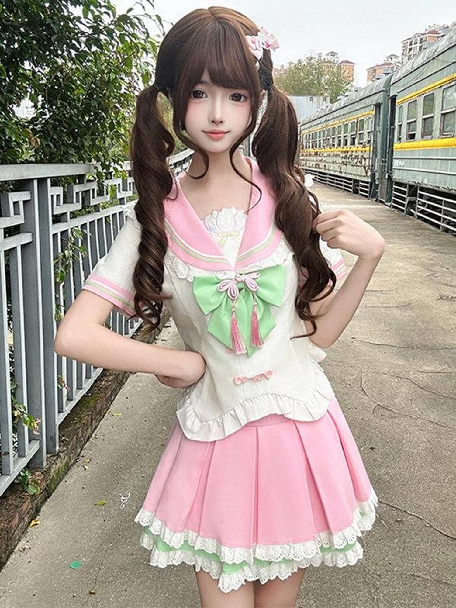 Sweet Kawaii JK Pink Chinese Jk Sailor Fitted Waist Women's Polyester Skirt Sets