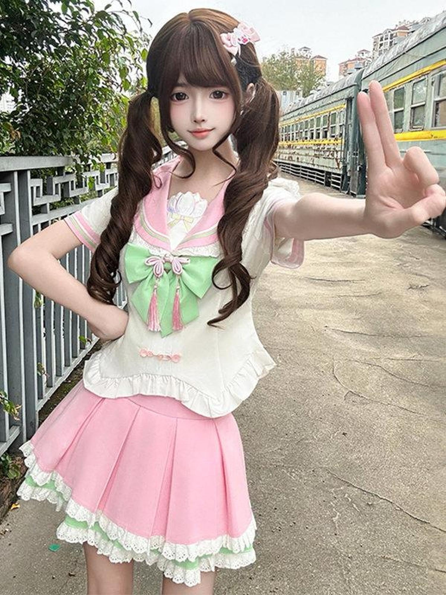 Sweet Kawaii JK Pink Chinese Jk Sailor Fitted Waist Women's Polyester Skirt Sets