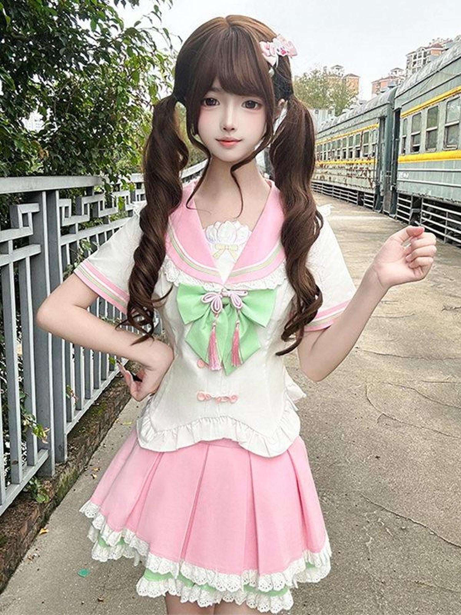 Sweet Kawaii JK Pink Chinese Jk Sailor Fitted Waist Women's Polyester Skirt Sets