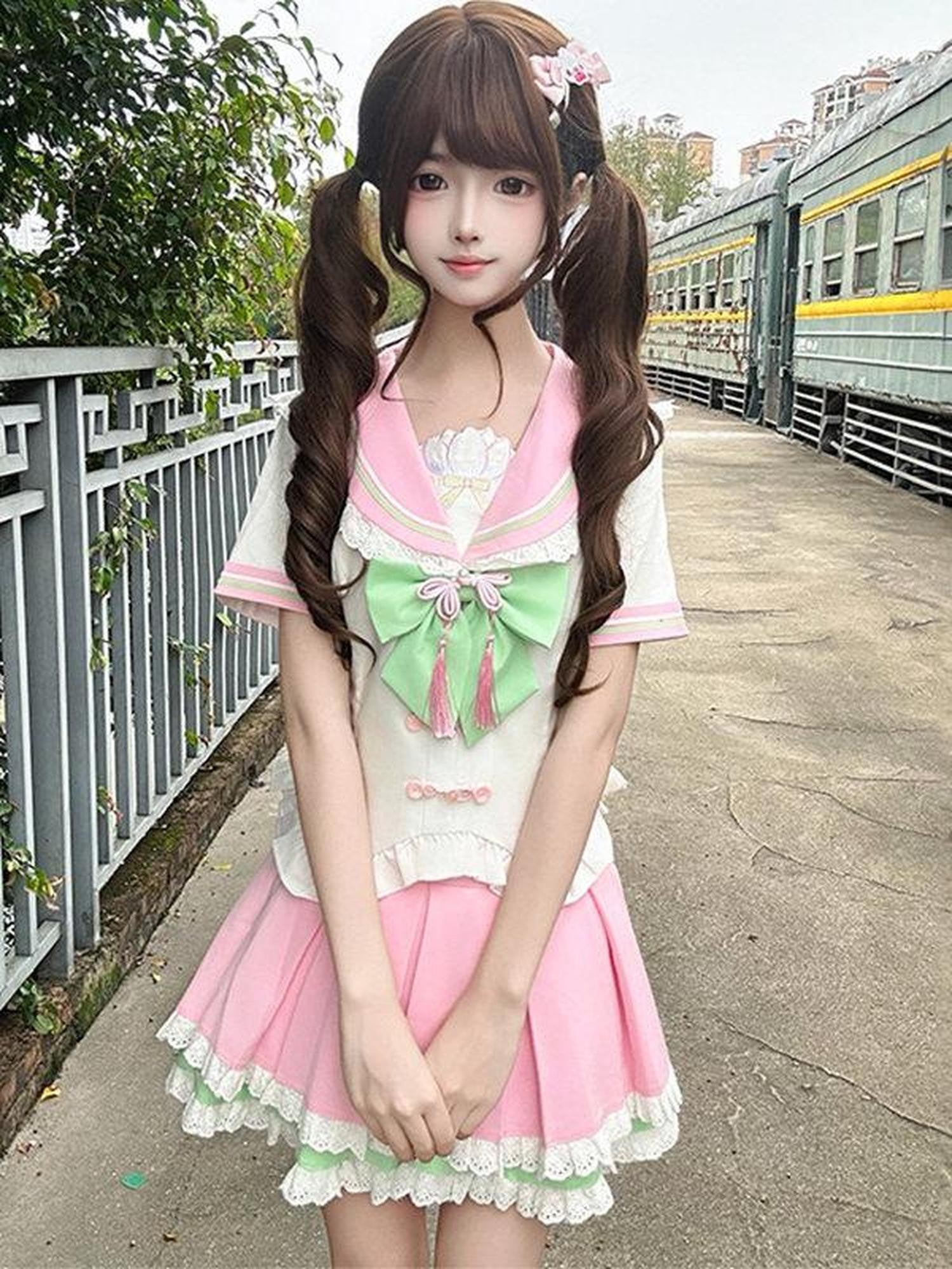Sweet Kawaii JK Pink Chinese Jk Sailor Fitted Waist Women's Polyester Skirt Sets