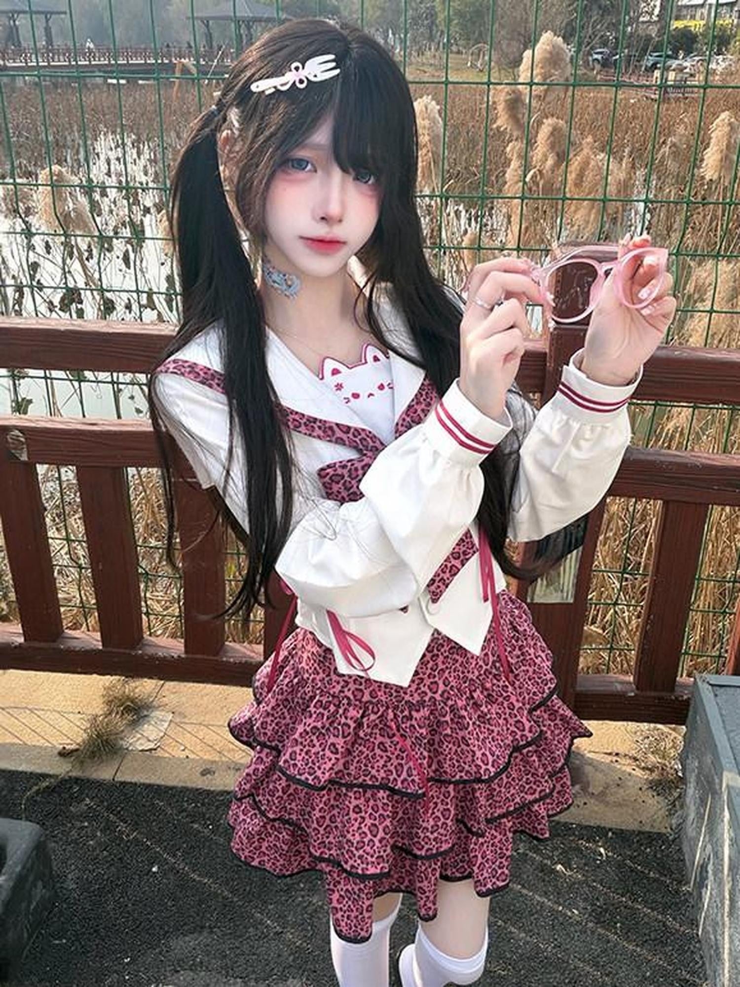 Sweet Kawaii JK Pink Leopard Sailor Collar Long Sleeve Bow Women's Polyester Skirt Sets