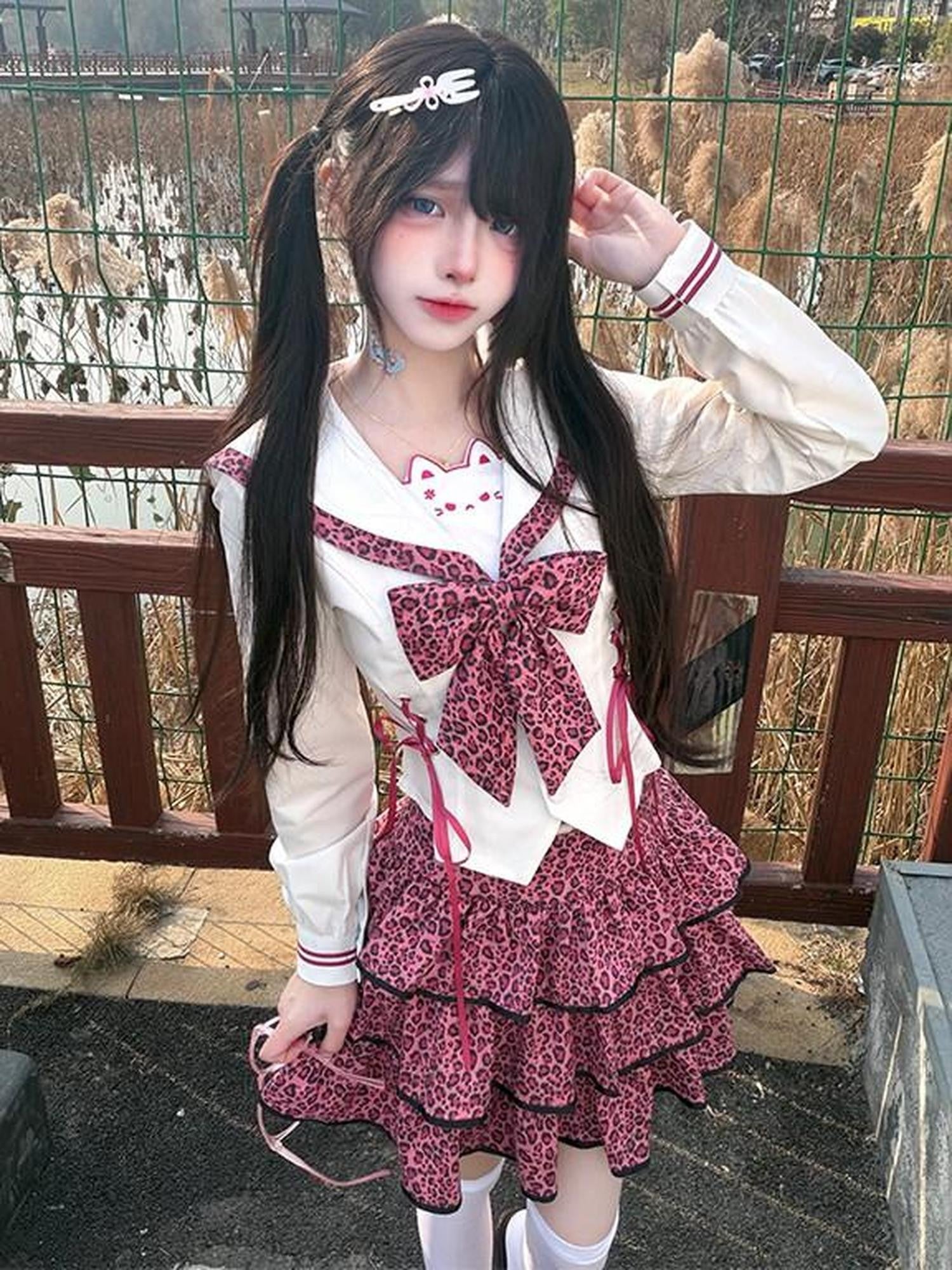 Sweet Kawaii JK Pink Leopard Sailor Collar Long Sleeve Bow Women's Polyester Skirt Sets