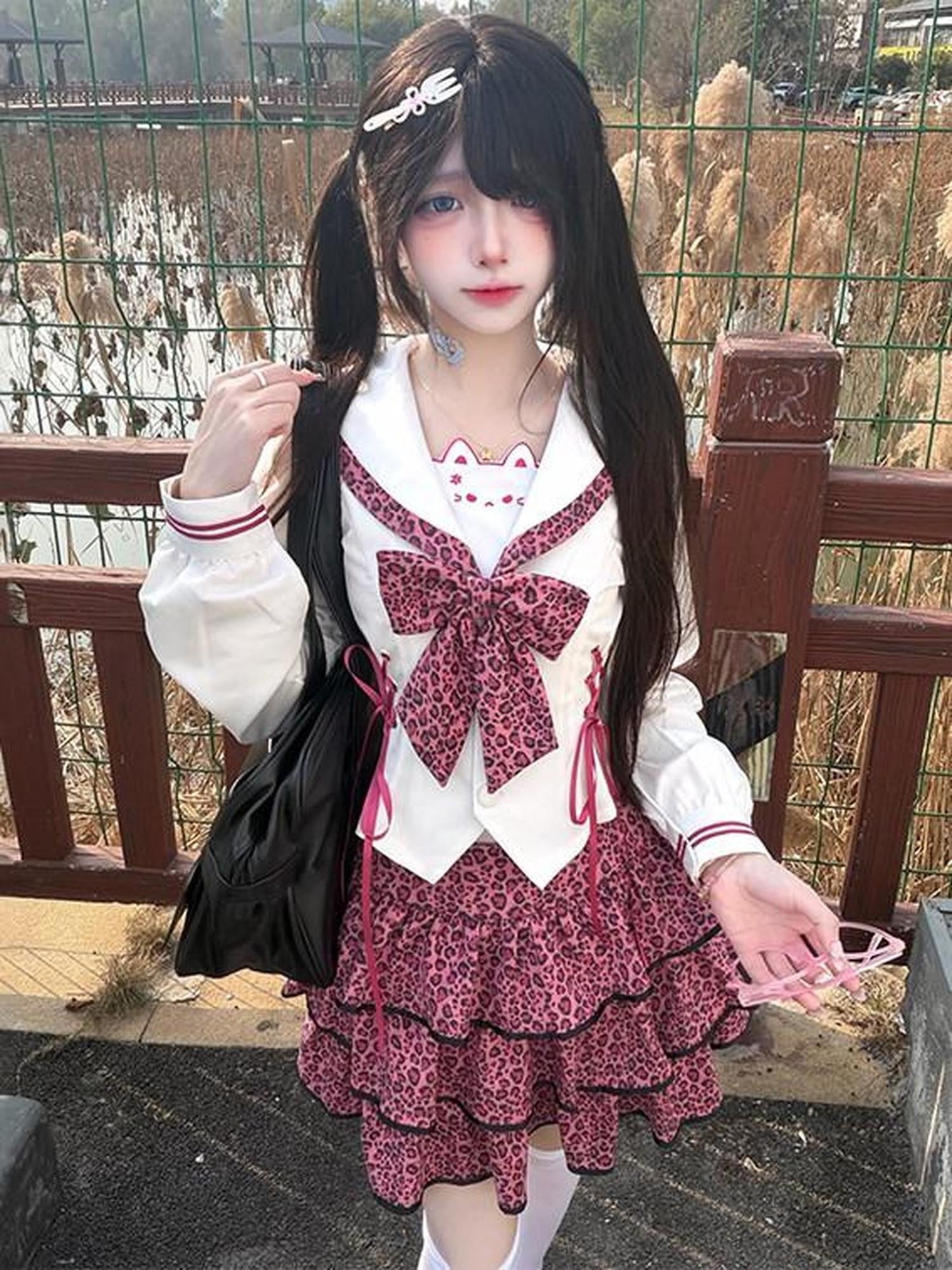 Sweet Kawaii JK Pink Leopard Sailor Collar Long Sleeve Bow Women's Polyester Skirt Sets