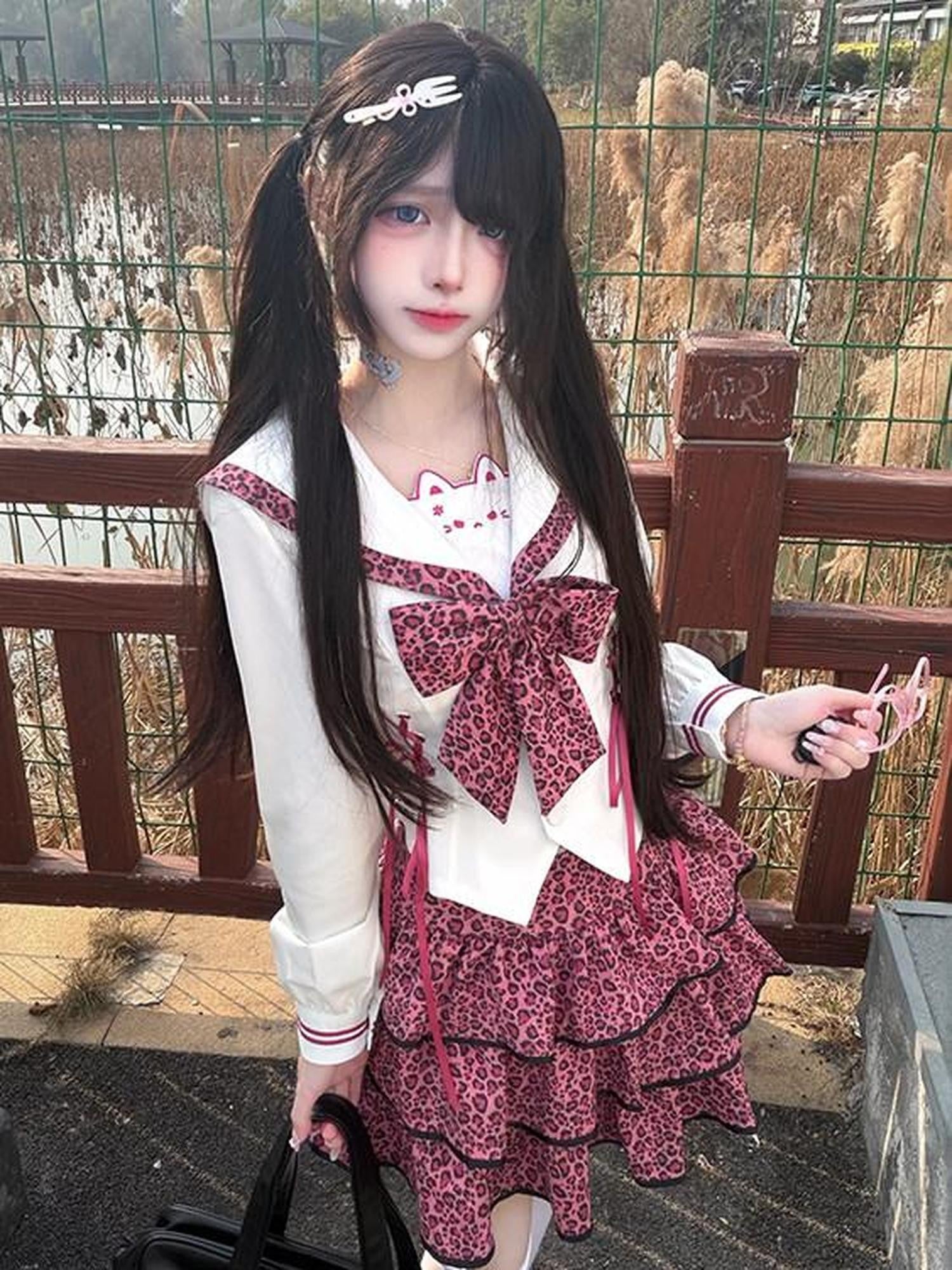 Sweet Kawaii JK Pink Leopard Sailor Collar Long Sleeve Bow Women's Polyester Skirt Sets