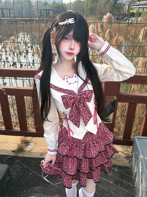 Sweet Kawaii JK Pink Leopard Sailor Collar Long Sleeve Bow Women's Polyester Skirt Sets