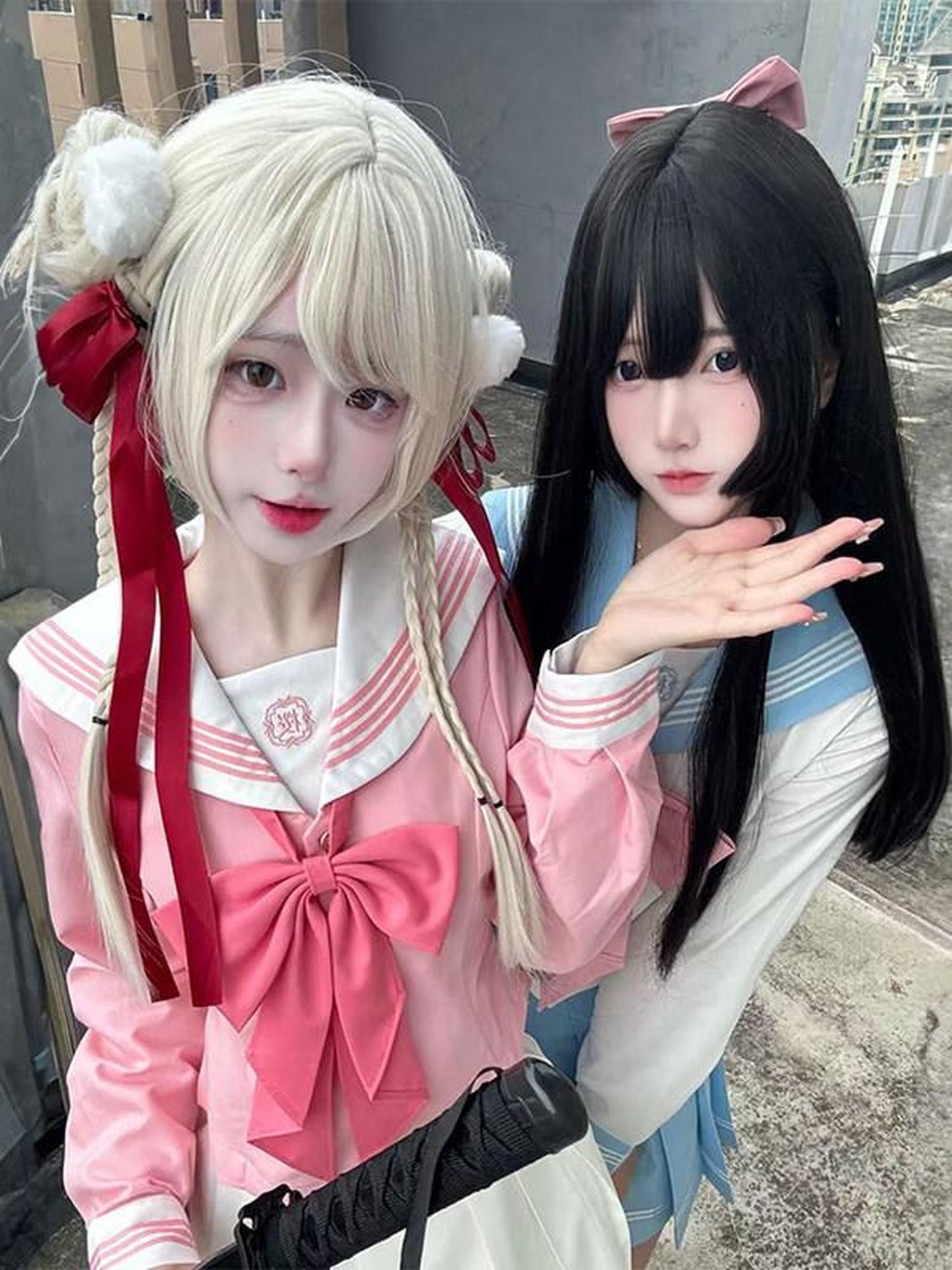 Sweet Kawaii JK Pink Pleated Sailor Collar Bow Long Sleeve Women's Polyester Skirt Sets