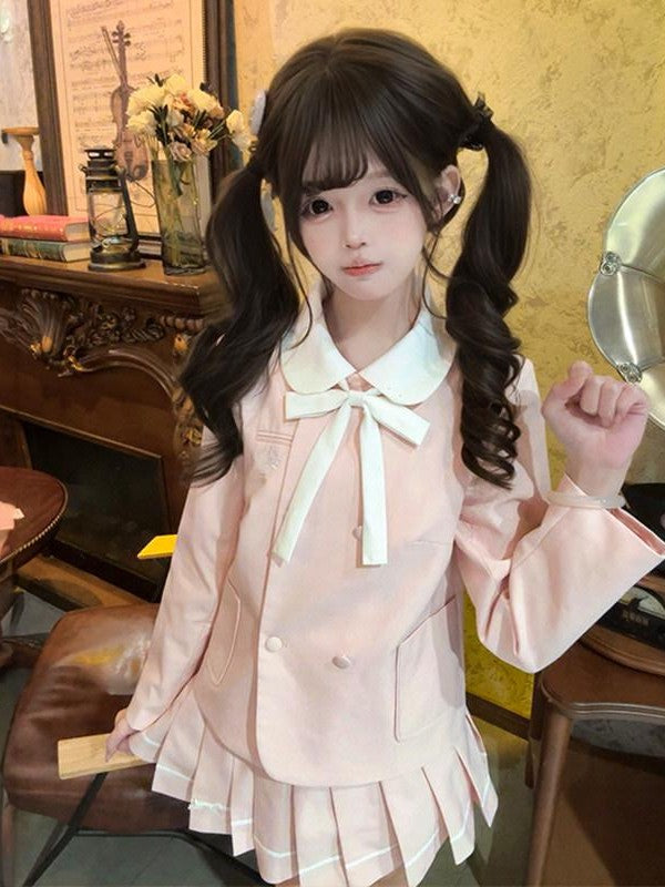 Sweet Kawaii JK Pink Sailor Jk Blazer Pleated Short Skirt Women's Polyester Skirt Sets