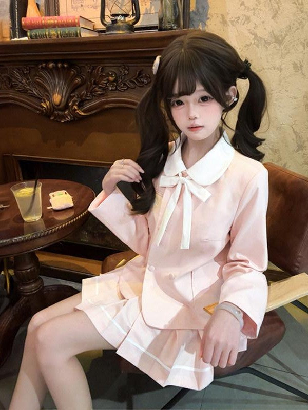 Sweet Kawaii JK Pink Sailor Jk Blazer Pleated Short Skirt Women's Polyester Skirt Sets