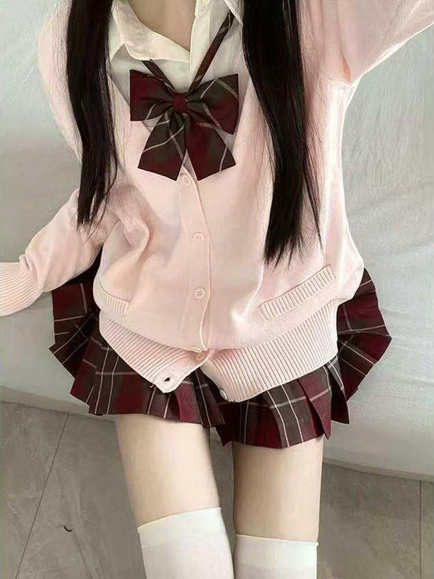 Sweet Kawaii JK Plaid Cardigan Jk Uniform Long Sleeve Shirt Bow Women's Knit Skirt Sets