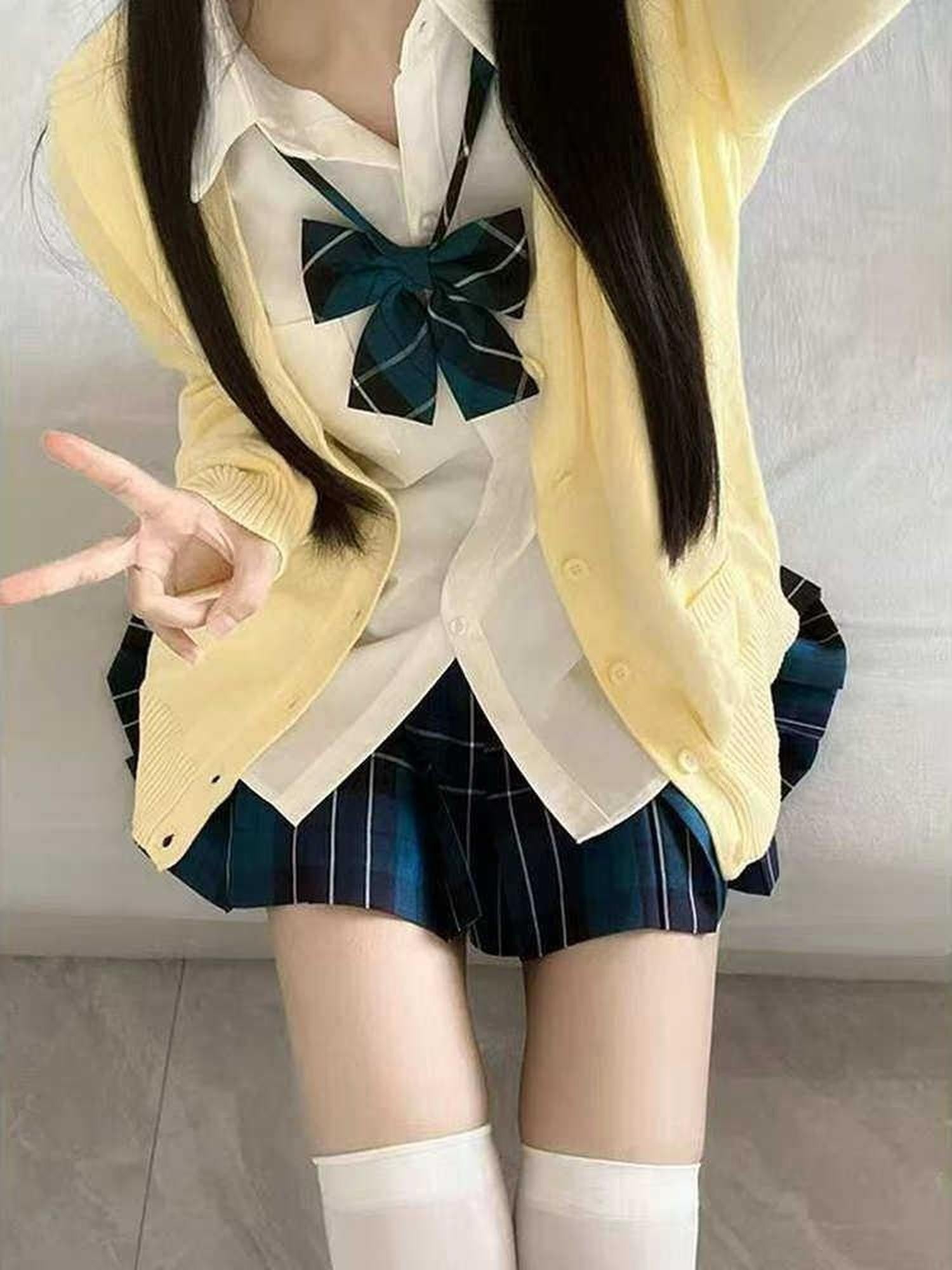 Sweet Kawaii JK Plaid Cardigan Jk Uniform Long Sleeve Shirt Bow Women's Knit Skirt Sets