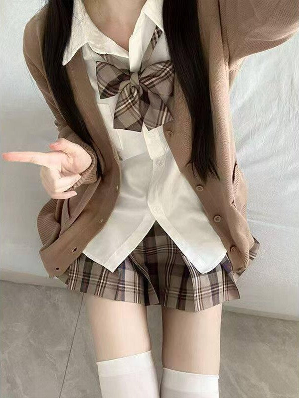 Sweet Kawaii JK Plaid Cardigan Jk Uniform Long Sleeve Shirt Bow Women's Knit Skirt Sets
