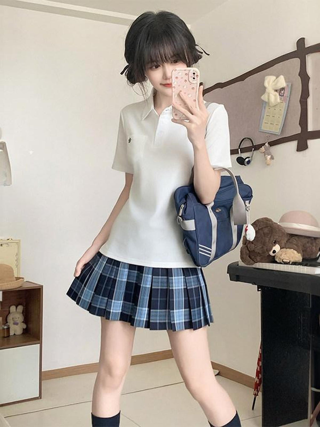 Sweet Kawaii JK Pleated Plaid Jk Polo Short Sleeve Turn Down Collar Women's Polyester Skirt Sets