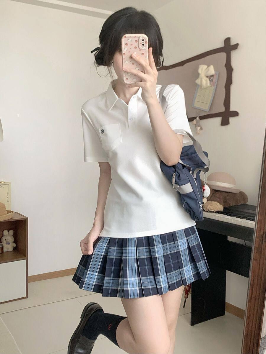 Sweet Kawaii JK Pleated Plaid Jk Polo Short Sleeve Turn Down Collar Women's Polyester Skirt Sets