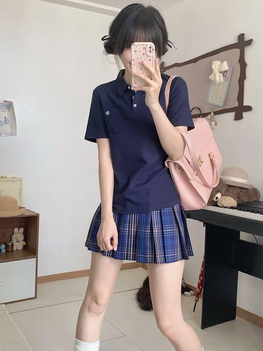 Sweet Kawaii JK Pleated Plaid Jk Polo Short Sleeve Turn Down Collar Women's Polyester Skirt Sets