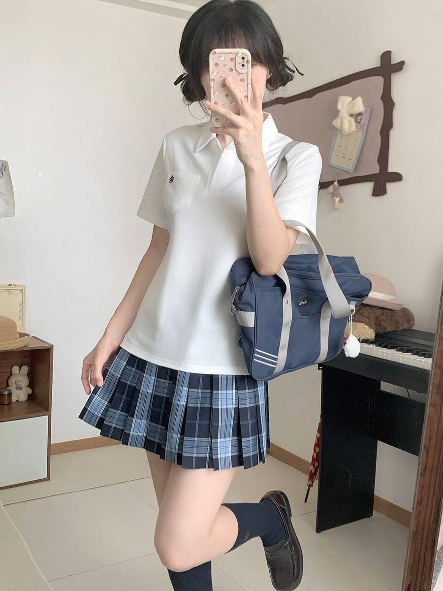 Sweet Kawaii JK Pleated Plaid Jk Polo Short Sleeve Turn Down Collar Women's Polyester Skirt Sets