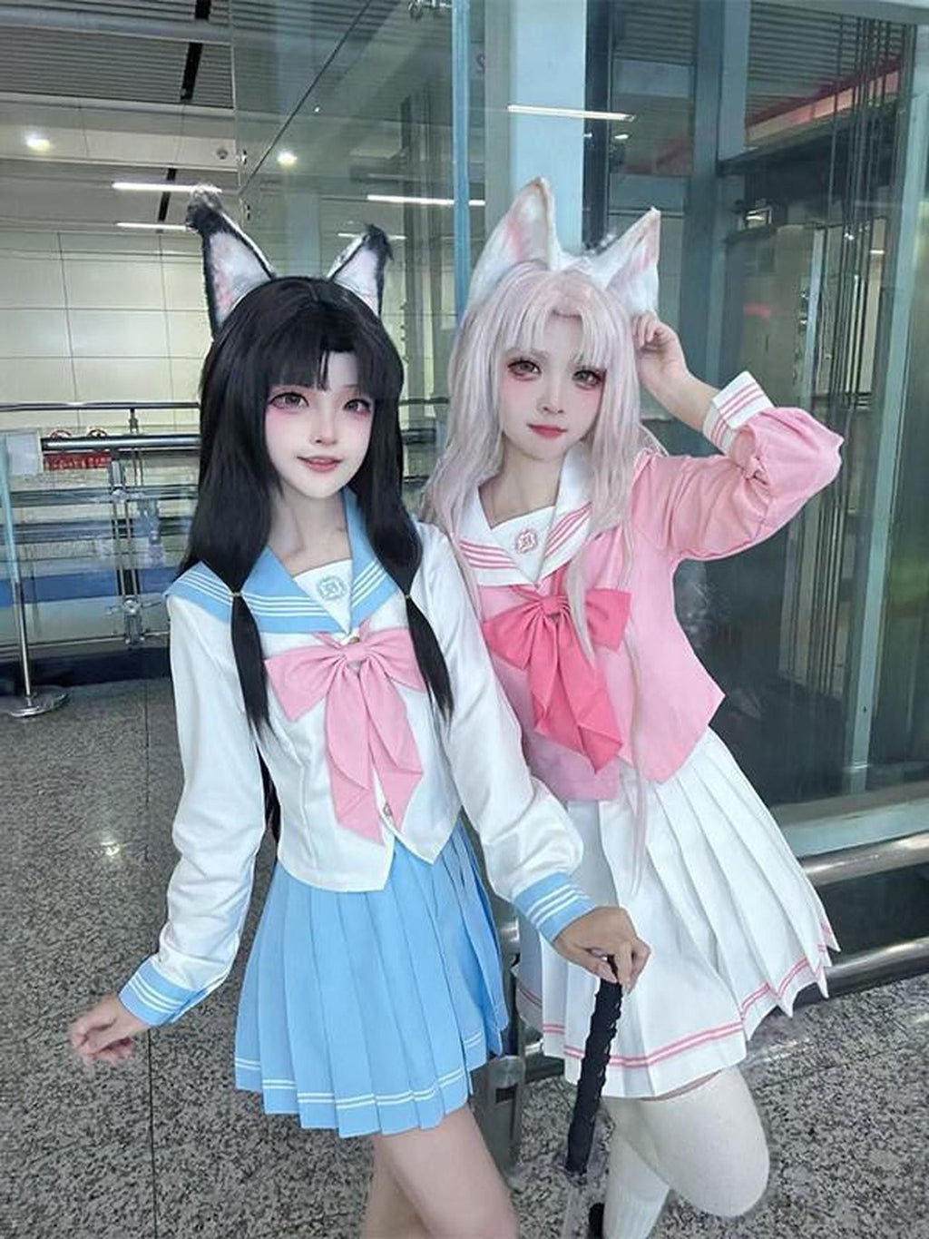 Sweet Kawaii JK Pleated Sailor Collar Cosplay Long Sleeve Short Skirt Women's Skirt Sets