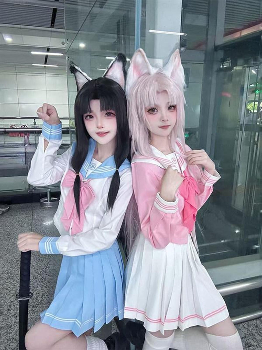 Sweet Kawaii JK Pleated Sailor Collar Cosplay Long Sleeve Short Skirt Women's Skirt Sets