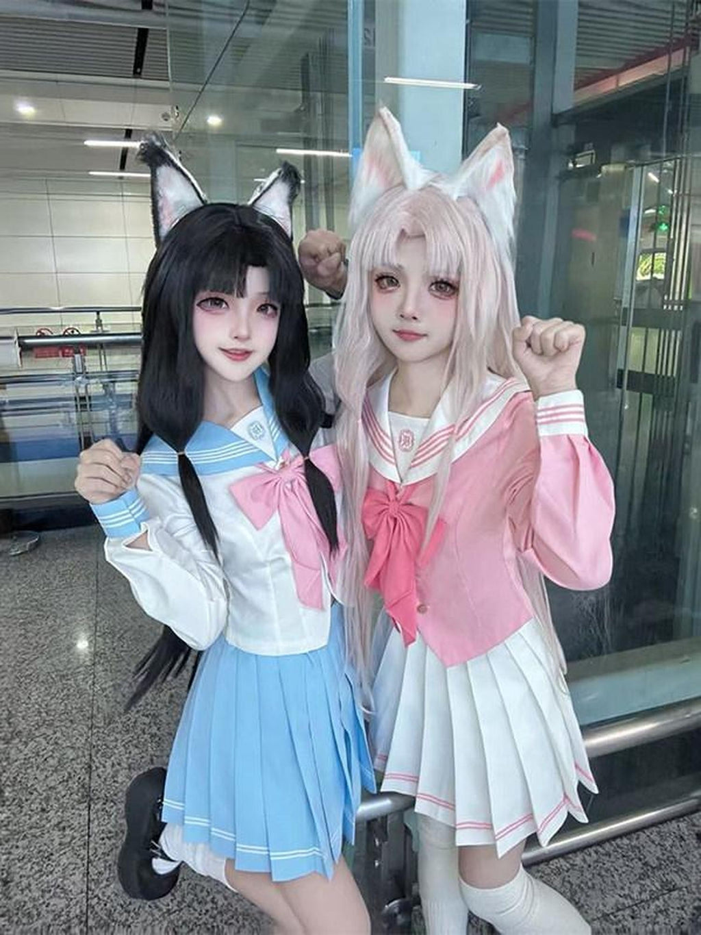 Sweet Kawaii JK Pleated Sailor Collar Cosplay Long Sleeve Short Skirt Women's Skirt Sets