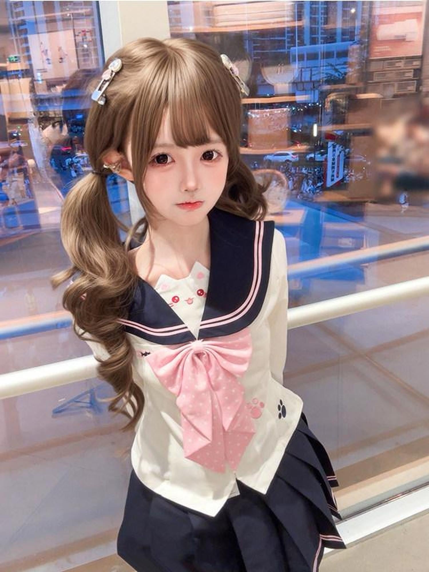 Sweet Kawaii JK Polka Dot Cinched Waist Sailor Long Sleeve Bow Women's Polyester Skirt Sets