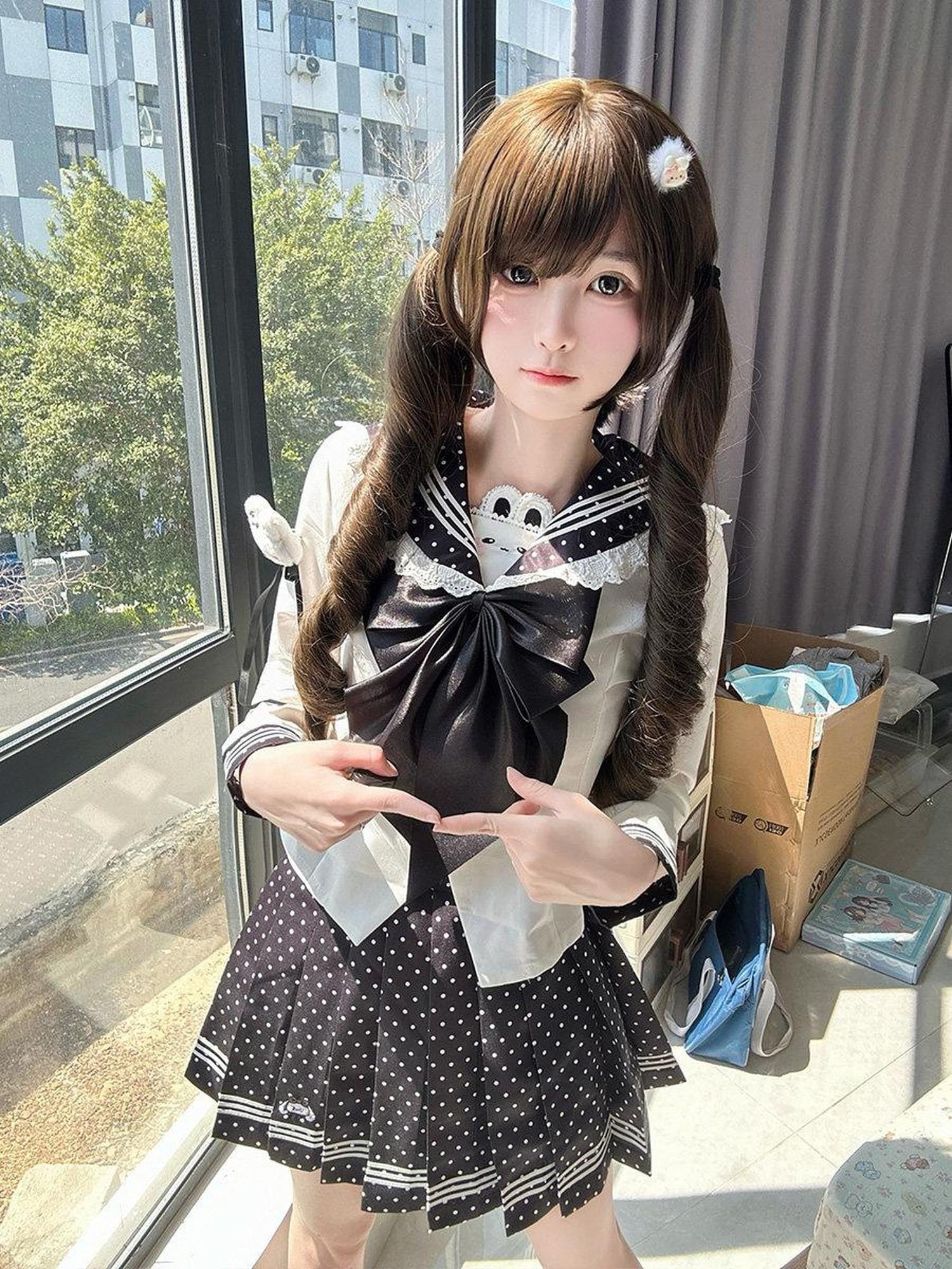 Sweet Kawaii JK Polka Dot Sailor Collar Cinched Waist Jk Bow Women's Polyester Skirt Sets