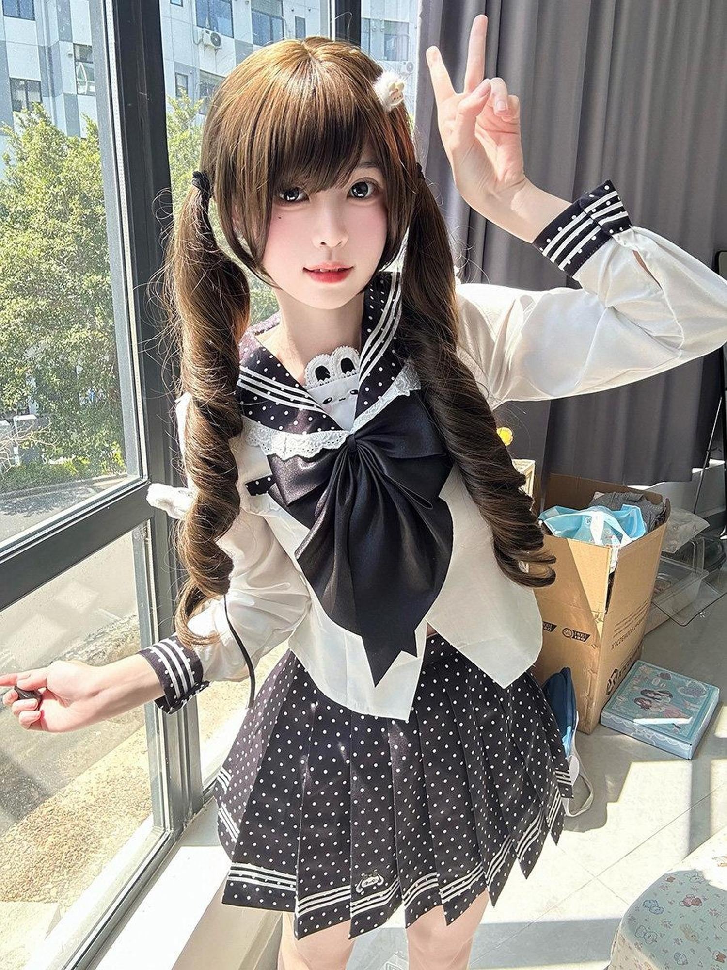 Sweet Kawaii JK Polka Dot Sailor Collar Cinched Waist Jk Bow Women's Polyester Skirt Sets