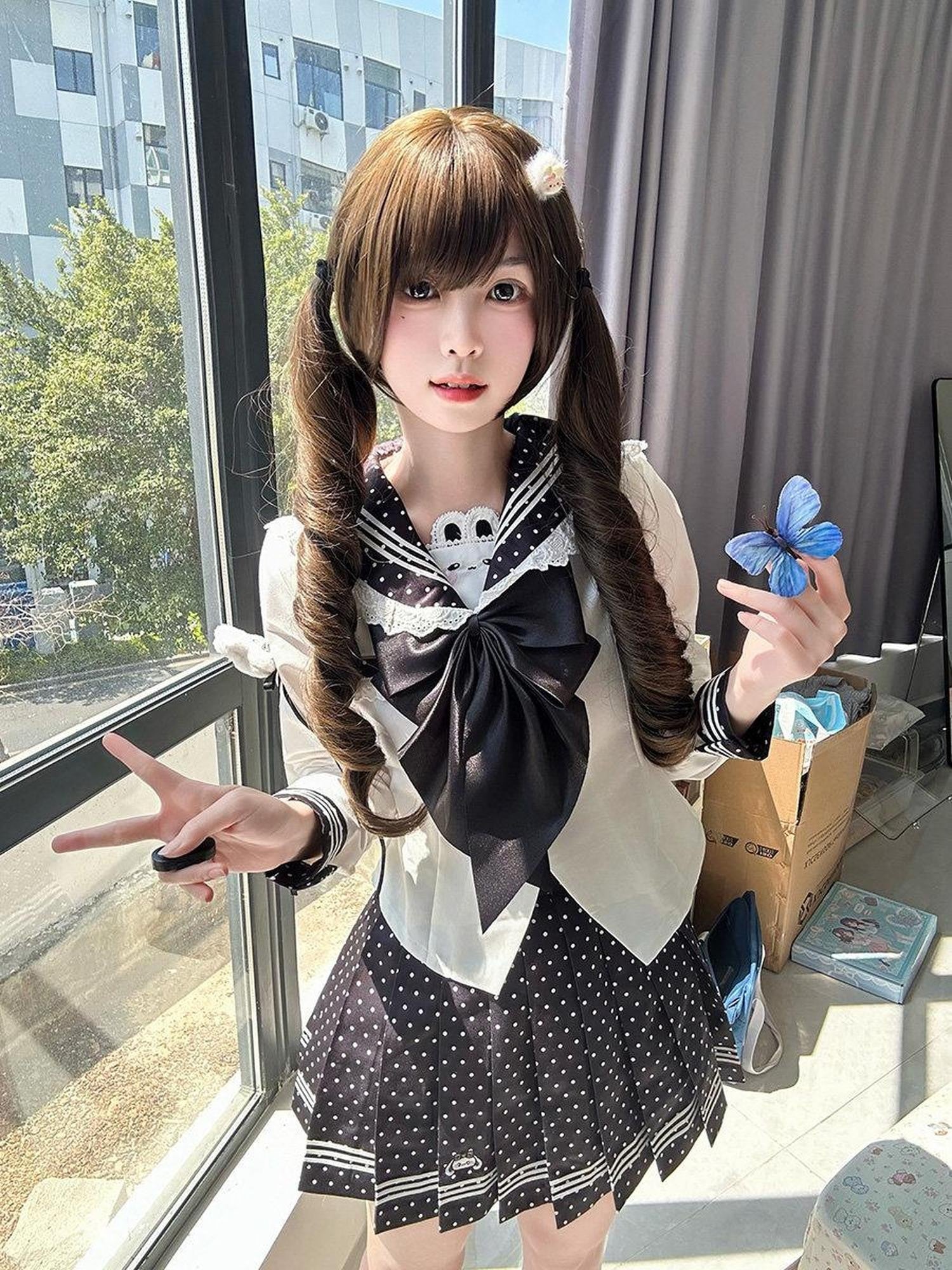 Sweet Kawaii JK Polka Dot Sailor Collar Cinched Waist Jk Bow Women's Polyester Skirt Sets