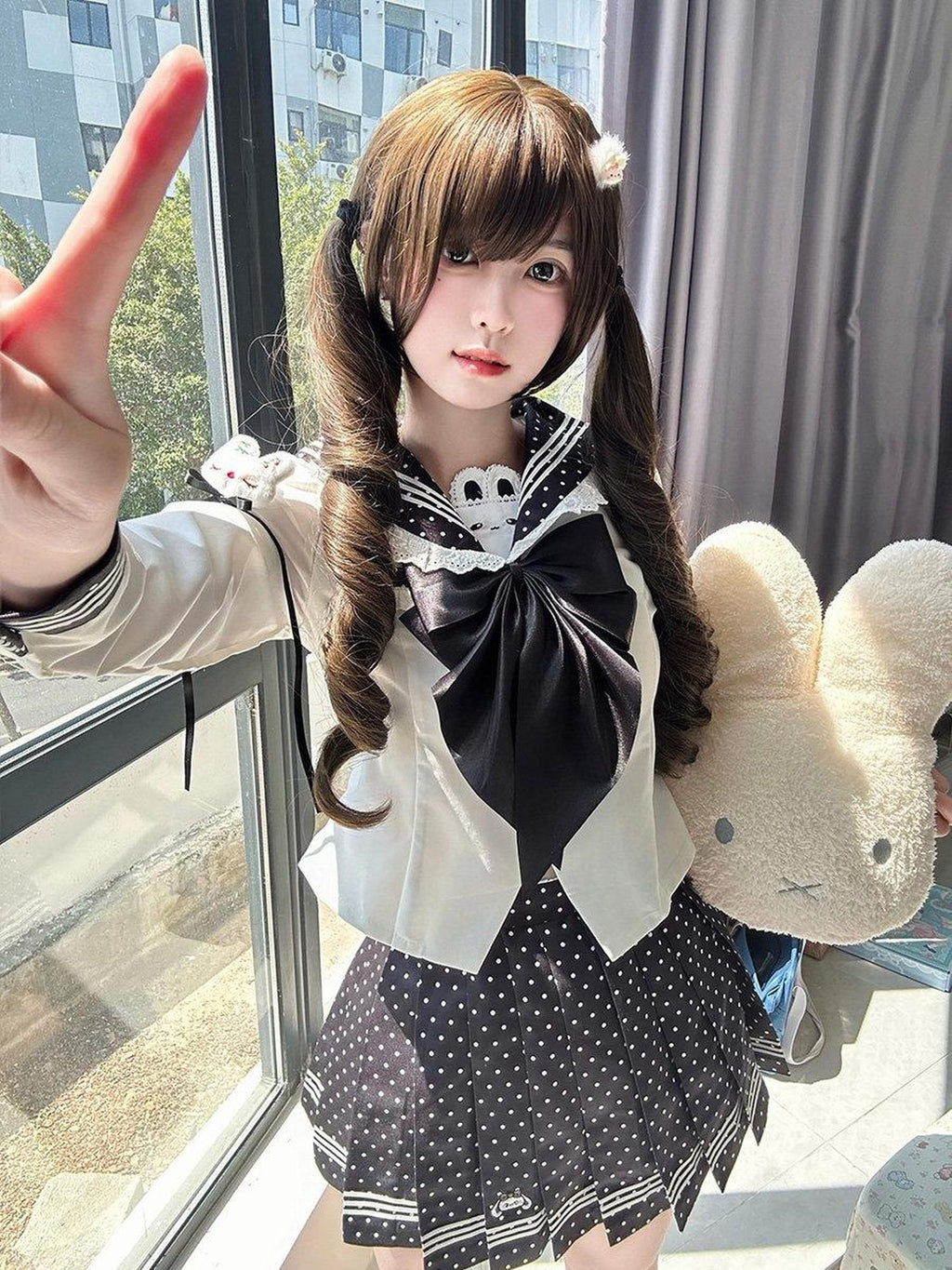 Sweet Kawaii JK Polka Dot Sailor Collar Cinched Waist Jk Bow Women's Polyester Skirt Sets