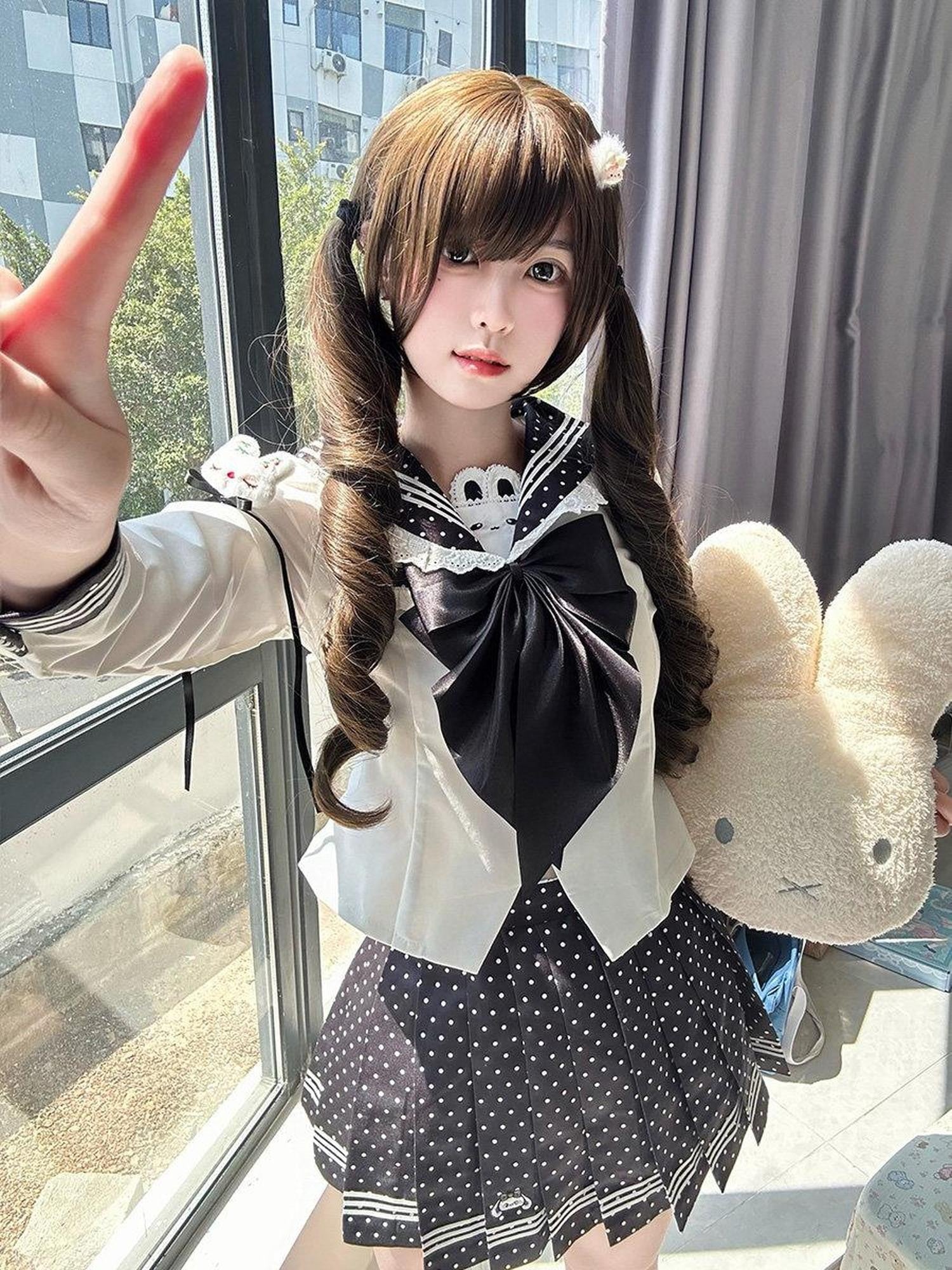 Sweet Kawaii JK Polka Dot Sailor Collar Cinched Waist Jk Bow Women's Polyester Skirt Sets