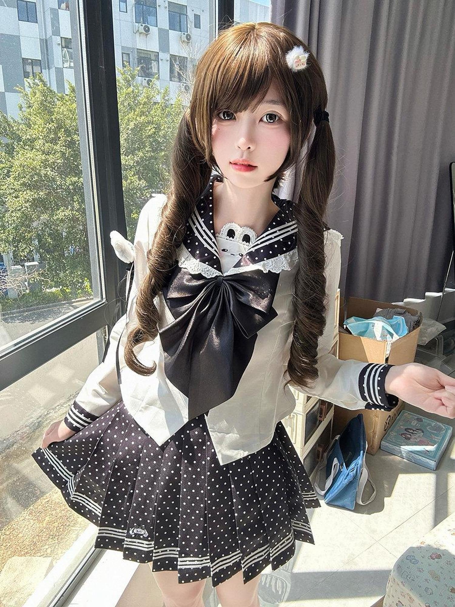Sweet Kawaii JK Polka Dot Sailor Collar Cinched Waist Jk Bow Women's Polyester Skirt Sets