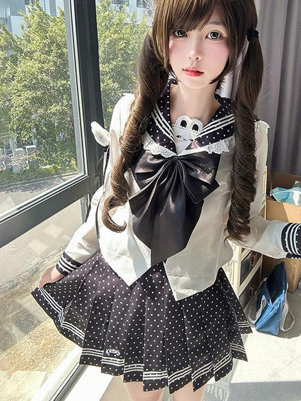 Sweet Kawaii JK Polka Dot Sailor Collar Cinched Waist Jk Bow Women's Polyester Skirt Sets