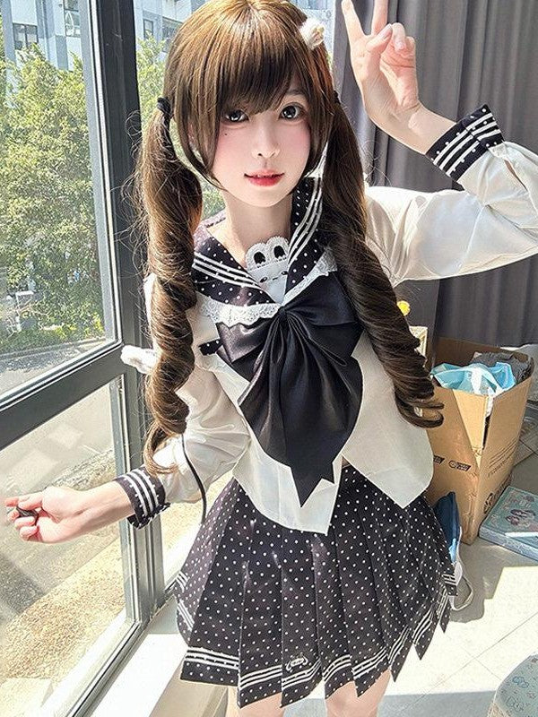 Sweet Kawaii JK Polka Dot Sailor Waist Cinched Lapel Long Sleeve Women's Polyester Skirt Sets