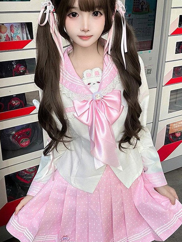 Sweet Kawaii JK Polka Dot Sailor Waist Cinched Lapel Long Sleeve Women's Polyester Skirt Sets