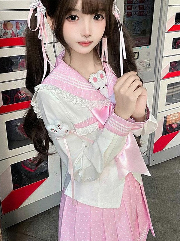 Sweet Kawaii JK Polka Dot Sailor Waist Cinched Lapel Long Sleeve Women's Polyester Skirt Sets