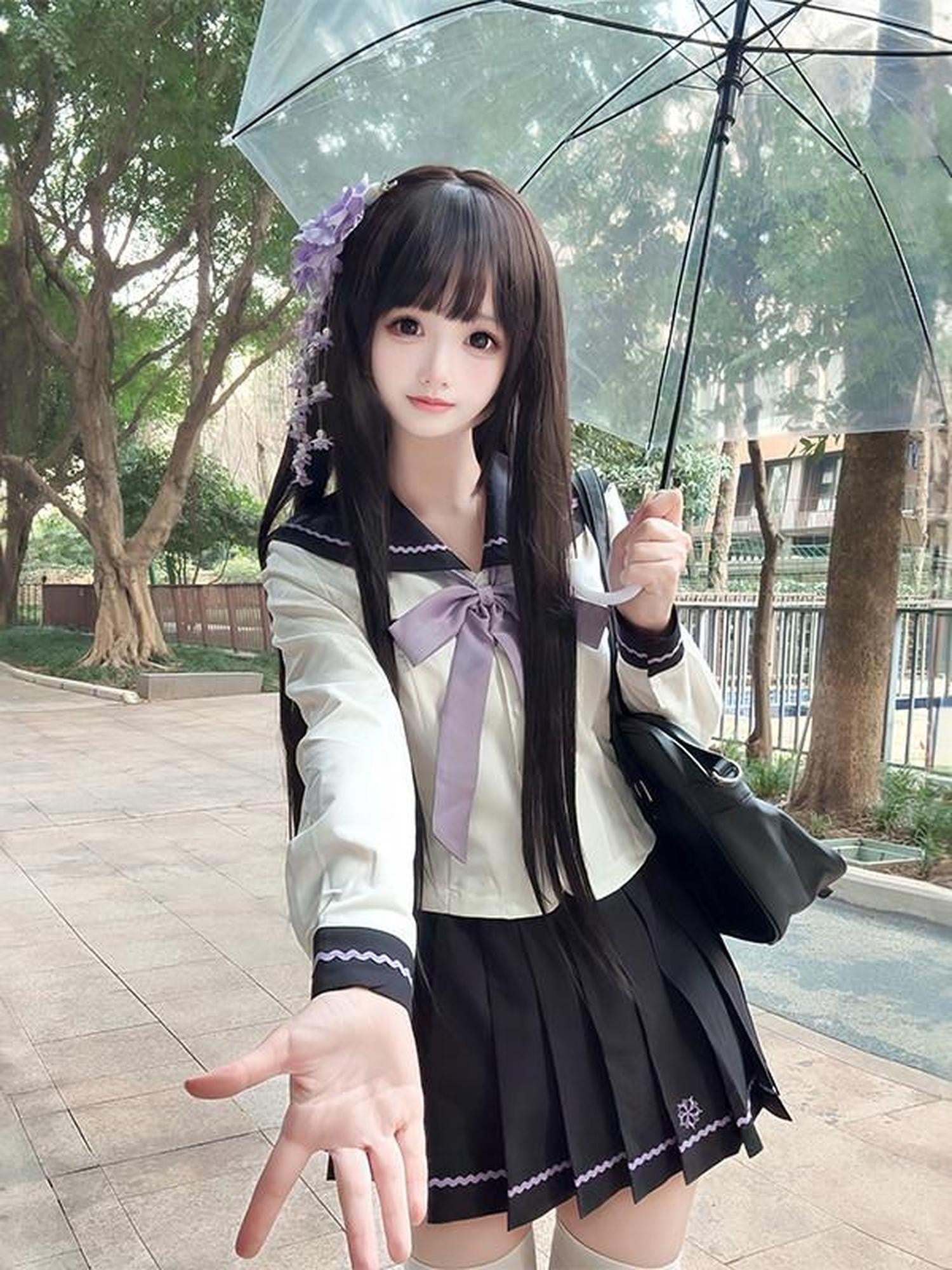 Sweet Kawaii JK Purple Cherry Sailor Cute Waist Cinched Bow Tie Women's Polyester Skirt Sets