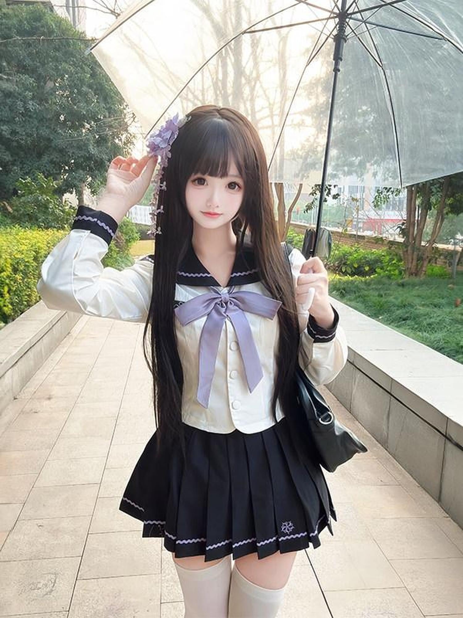 Sweet Kawaii JK Purple Cherry Sailor Cute Waist Cinched Bow Tie Women's Polyester Skirt Sets