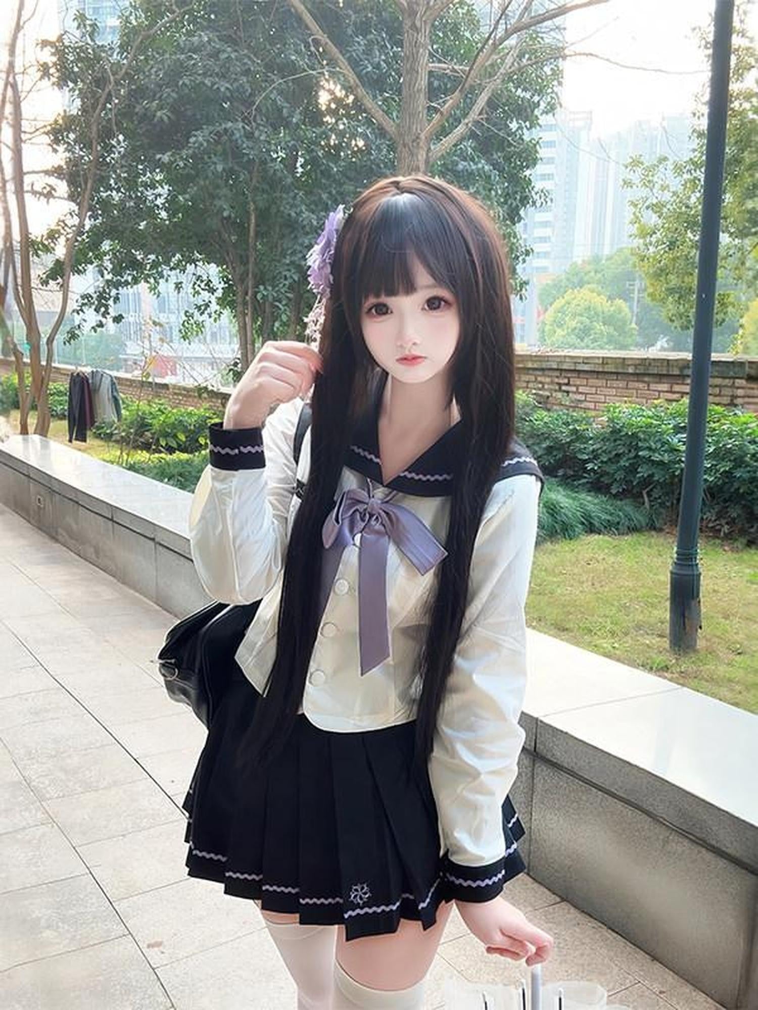 Sweet Kawaii JK Purple Cherry Sailor Cute Waist Cinched Bow Tie Women's Polyester Skirt Sets