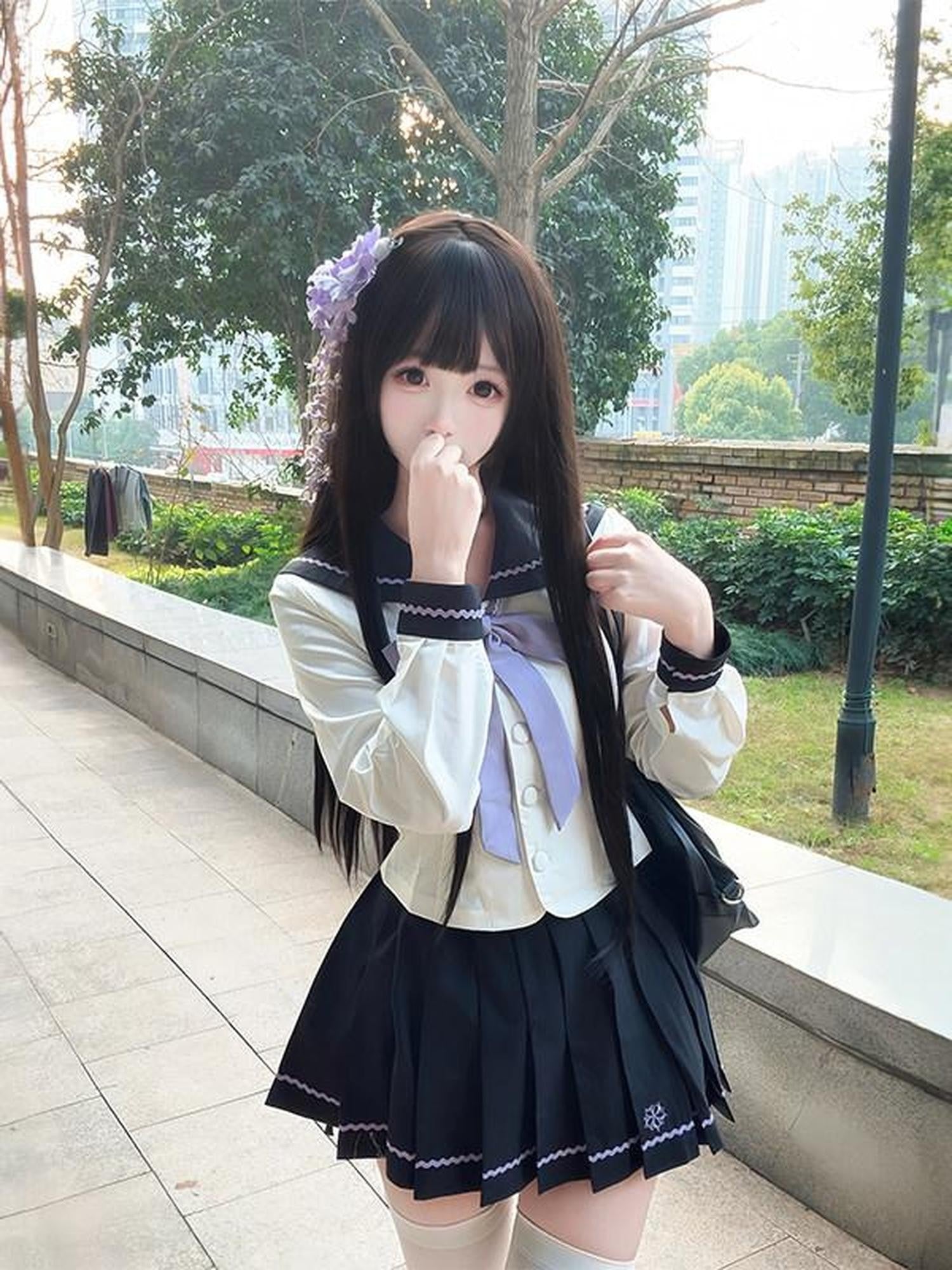 Sweet Kawaii JK Purple Cherry Sailor Cute Waist Cinched Bow Tie Women's Polyester Skirt Sets