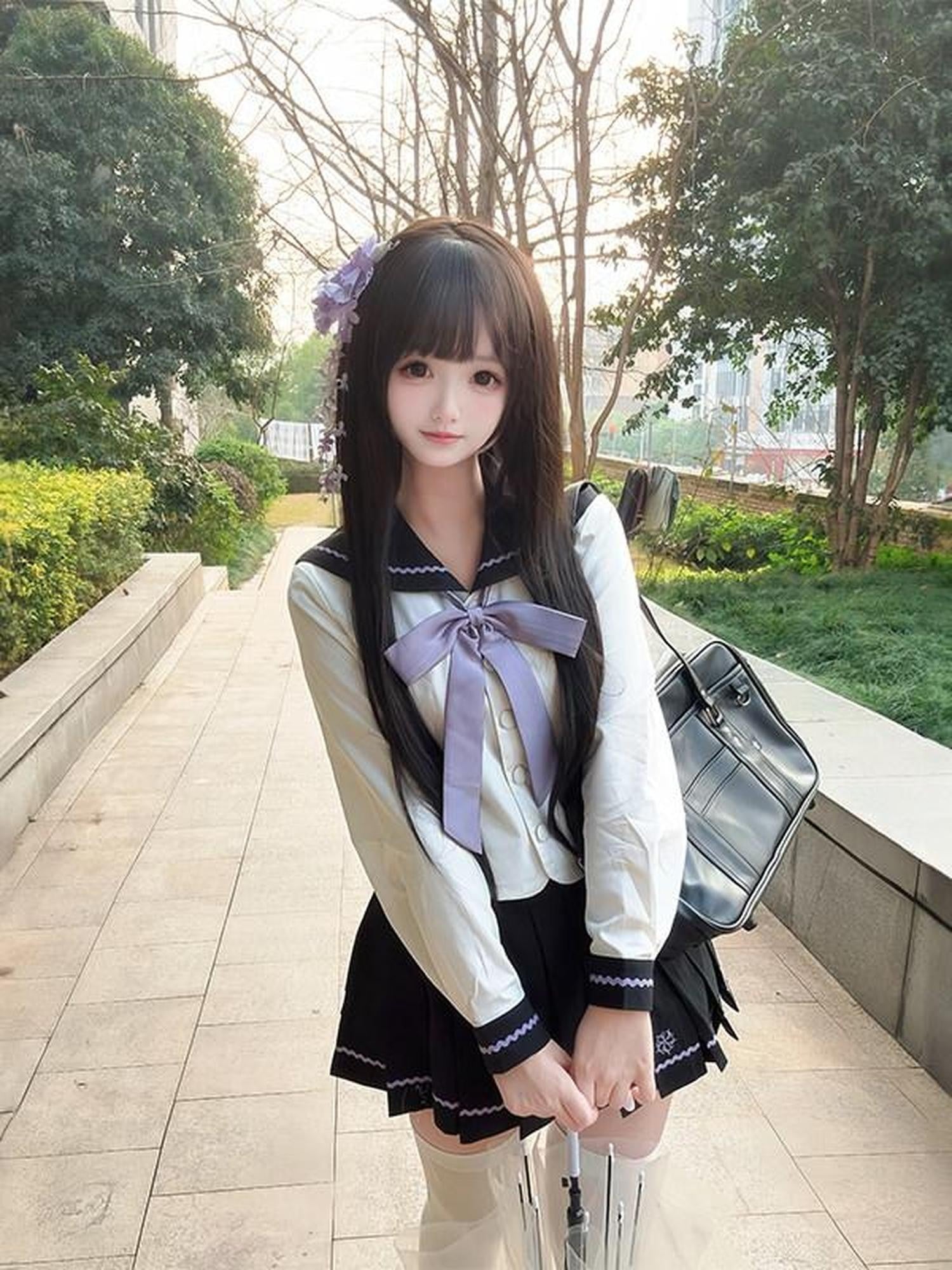 Sweet Kawaii JK Purple Cherry Sailor Cute Waist Cinched Bow Tie Women's Polyester Skirt Sets