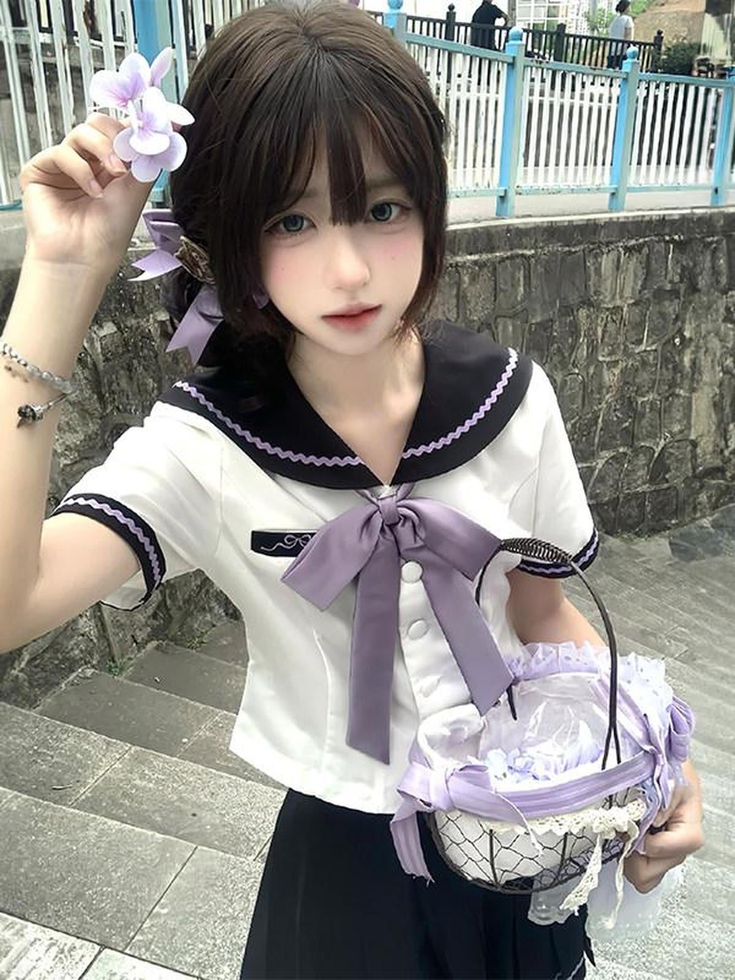 Sweet Kawaii JK Purple Cherry Waist Slimming Sailor Collar Japanese Women's Polyester Skirt Sets