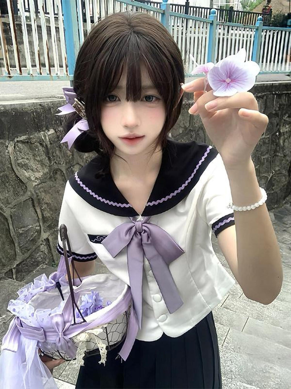 Sweet Kawaii JK Purple Cherry Waist Slimming Sailor Collar Japanese Women's Polyester Skirt Sets