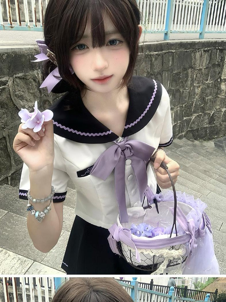 Sweet Kawaii JK Purple Cherry Waist Slimming Sailor Collar Japanese Women's Polyester Skirt Sets